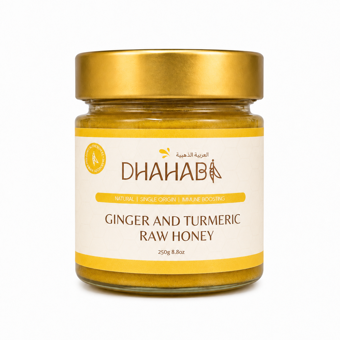 Ginger and turmeric raw honey in a premium glass jar