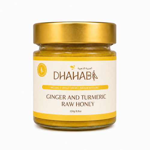 Ginger and turmeric raw honey in a premium glass jar